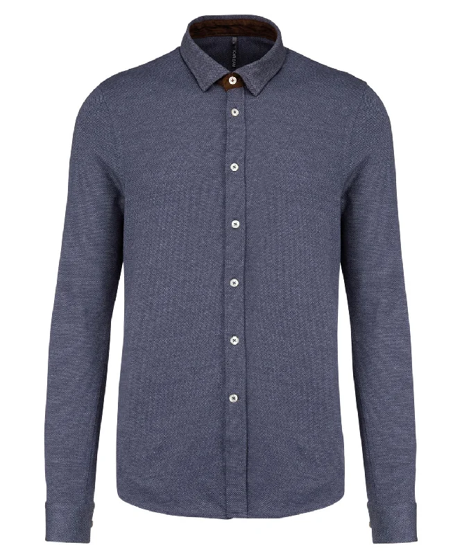Blue - Long-sleeved jacquard knit shirt Front Pockets Side Pockets Patch Pockets