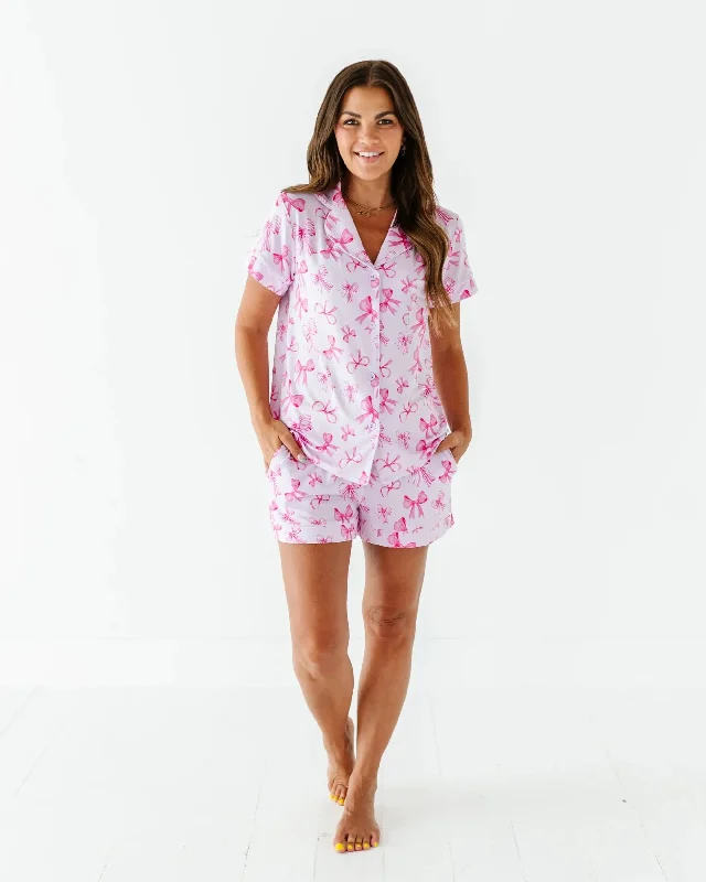 Blushing Bows Women's Collar Shirt & Shorts Set Collared T-Shirt Boat Neck A-Line