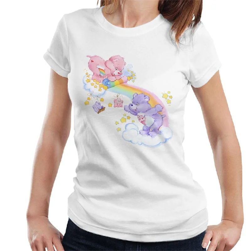 Care Bears Cheer Bear And Share Bear Unrolling A Rainbow Women's T-Shirt Hooded Caped Shawl Collar Care Bears Cheer Bear And Share Bear Unrolling A Rainbow Women's T-Shirt Hooded Caped Shawl Collar