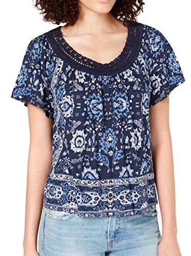 Crochet-Trim Scarf-Print T-Shirt Graphic T-Shirt Round Neck Polyester