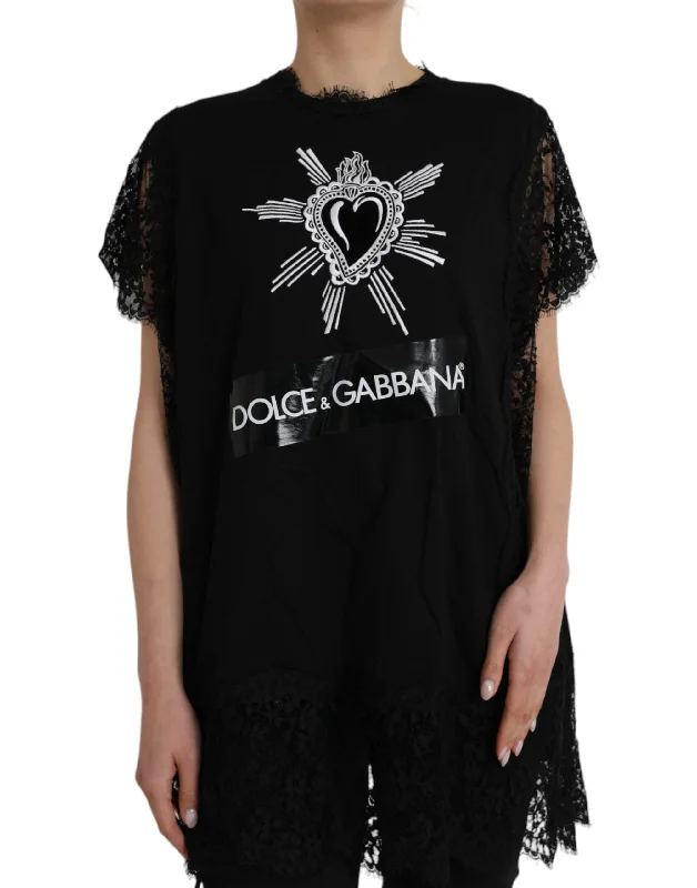 Dolce & Gabbana Black Sacred Heart Print Cotton Lace T-shirt Zippered Buttoned Snapped Dolce & Gabbana Black Sacred Heart Print Cotton Lace T-shirt Zippered Buttoned Snapped