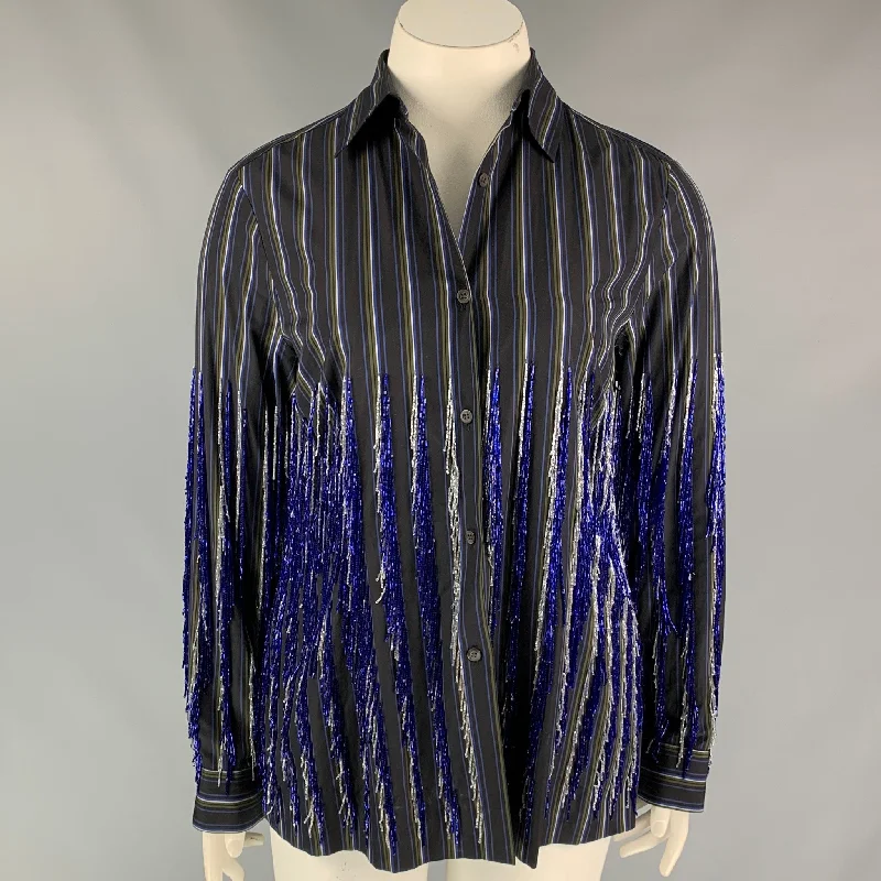 DRIES VAN NOTEN SS 19 Size L Navy & Grey Cotton Stripe Beaded Shirt Zippered Front Buttoned Front Snap Front DRIES VAN NOTEN SS 19 Size L Navy & Grey Cotton Stripe Beaded Shirt Zippered Front Buttoned Front Snap Front