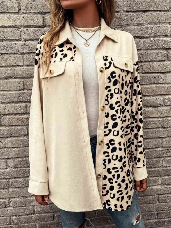 Full Size Leopard Collared Shirt Basic T-Shirt Crew Neck Short Sleeve