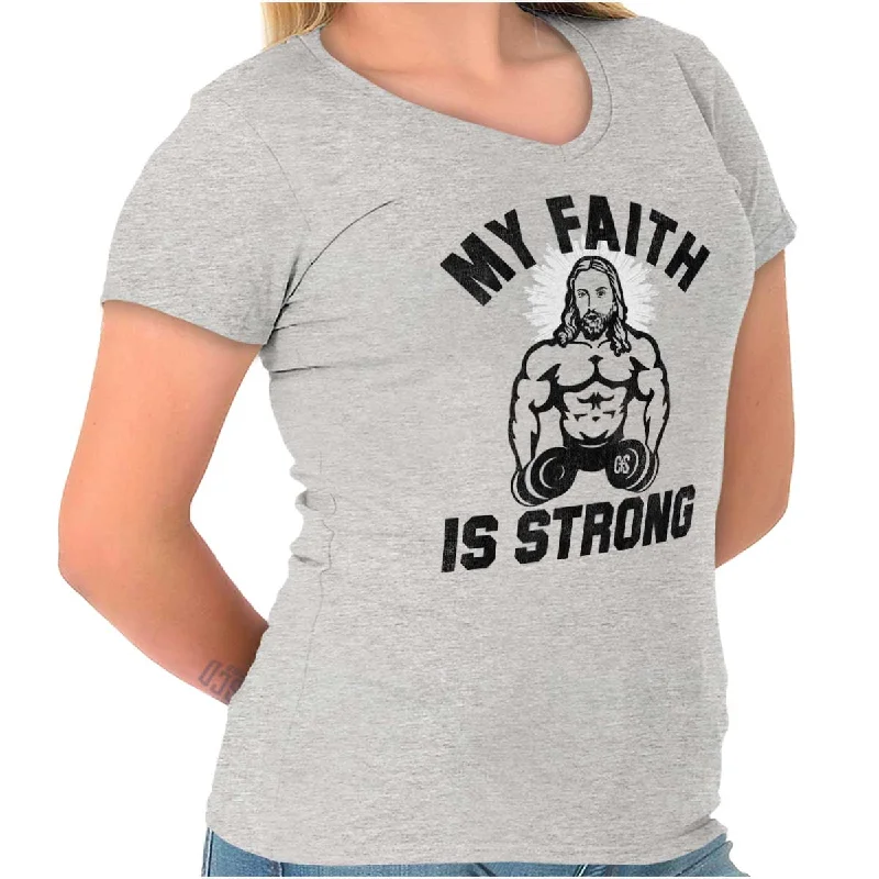 Gym Jesus Christ Strong Junior Fit V-Neck T Shirt Thin T-Shirt Open Front Quick Dry