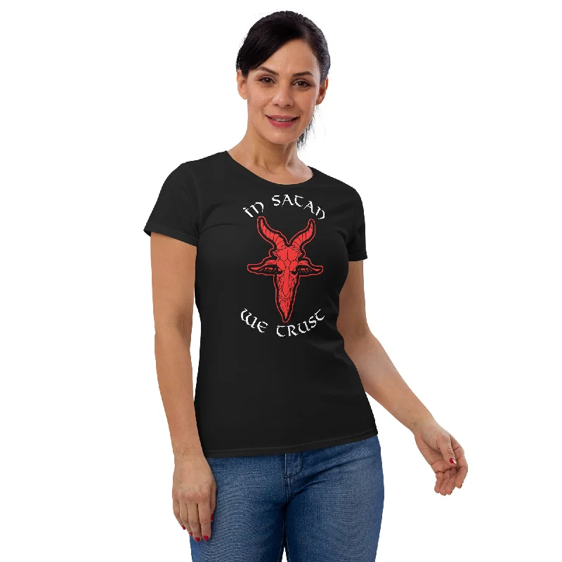 In Satan We Trust 666 Goat Head Occult Women's Short Sleeve Babydoll T-shirt Lace Blend Ribbed Blend Corduroy Blend In Satan We Trust 666 Goat Head Occult Women's Short Sleeve Babydoll T-shirt Lace Blend Ribbed Blend Corduroy Blend