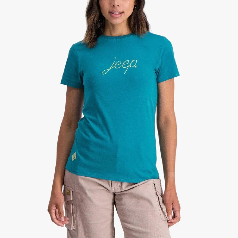 Jeep Womens Applique Short Sleeve Tee Turquoise V-Neck T-Shirt Long Sleeve Cotton