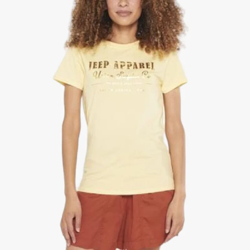 Jeep Womens Logo Foil Short Sleeve Tee Pale Banana Hooded Caped Shawl Collar