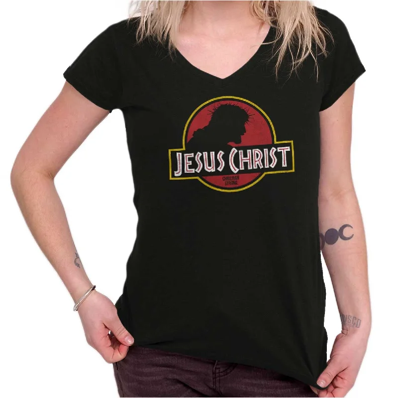 Jesus Jurassic Christ Junior Fit V-Neck T Shirt Sequined Glittery Shiny