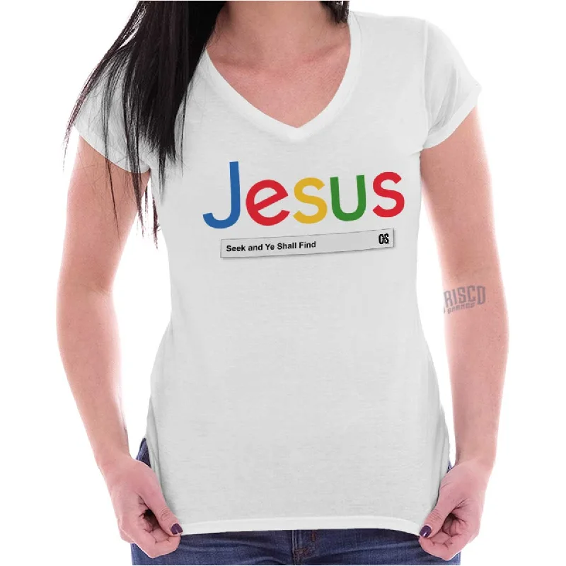 Jesus Seeking Answers Junior Fit V-Neck T Shirt Fleece Fabric Down Fabric Feather Fabric Jesus Seeking Answers Junior Fit V-Neck T Shirt Fleece Fabric Down Fabric Feather Fabric