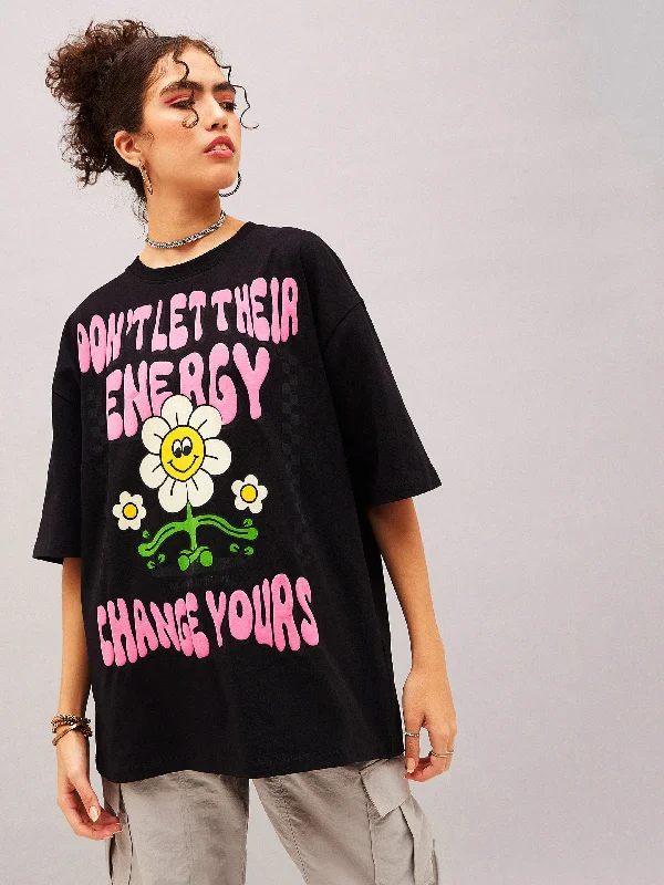 Lyush Women Black Don't Let Their Energy Oversized T-shirt Cashmere Blend Cotton Blend Poly Blend Lyush Women Black Don't Let Their Energy Oversized T-shirt Cashmere Blend Cotton Blend Poly Blend