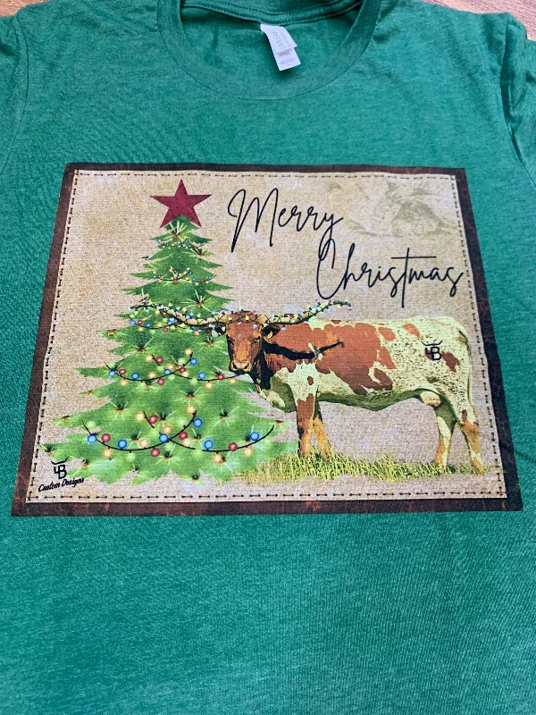 Merry Christmas Longhorn w/Christmas Tree T Shirt Collared Crew Neck Turtle Neck