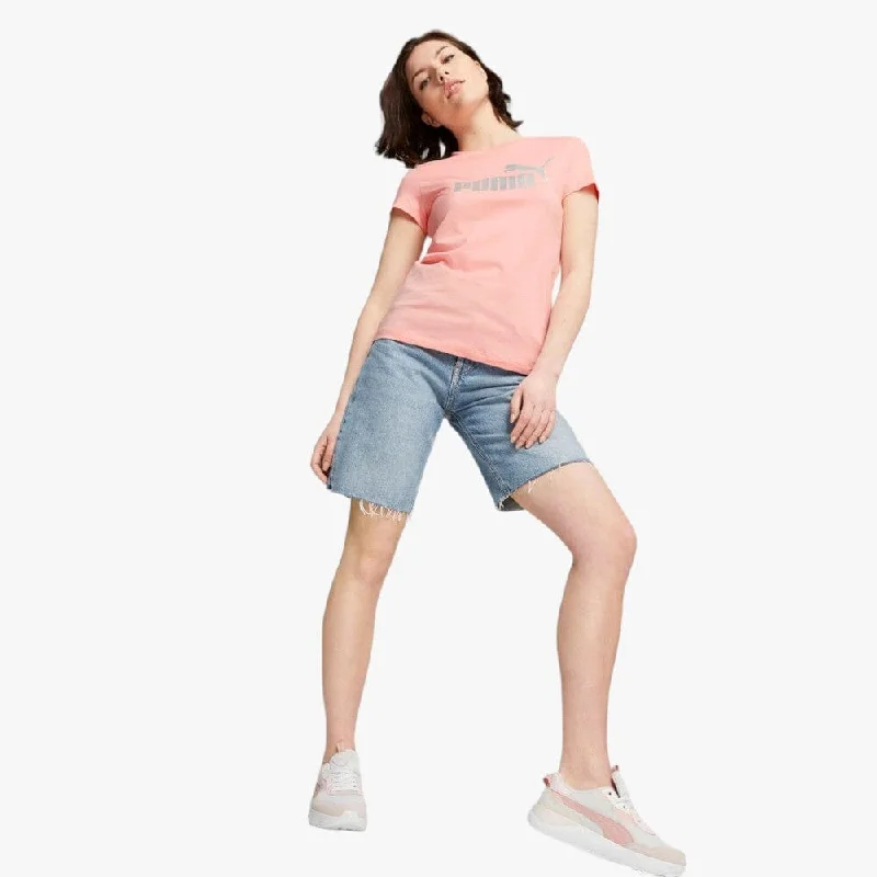 Puma Womens Ess+ Metallic Logo Short Sleeve Tee Peach Smoothie Nylon Fabric Polyester Fabric Spandex Fabric Puma Womens Ess+ Metallic Logo Short Sleeve Tee Peach Smoothie Nylon Fabric Polyester Fabric Spandex Fabric