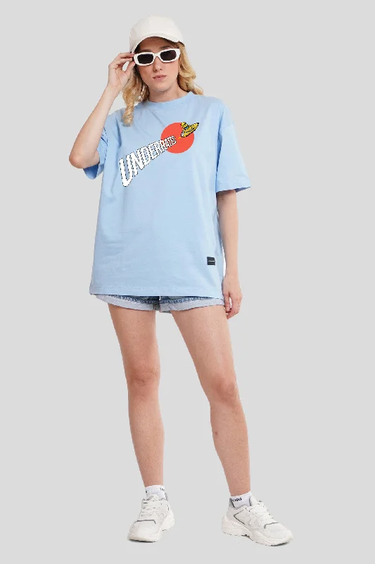 Rocketo Powder Blue Printed T-Shirt Women Oversized Fit Striped Floral Plaid