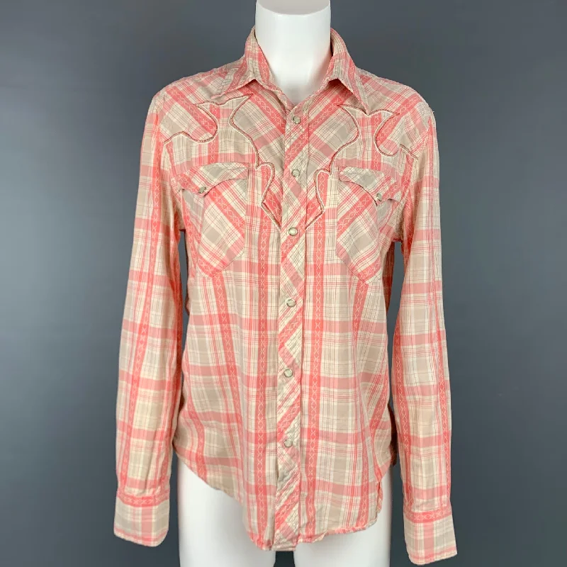 RRL by RALPH LAUREN Size 4 Pink & White Plaid Cotton Western Shirt Welt Pockets Slit Pockets RRL by RALPH LAUREN Size 4 Pink & White Plaid Cotton Western Shirt Welt Pockets Slit Pockets