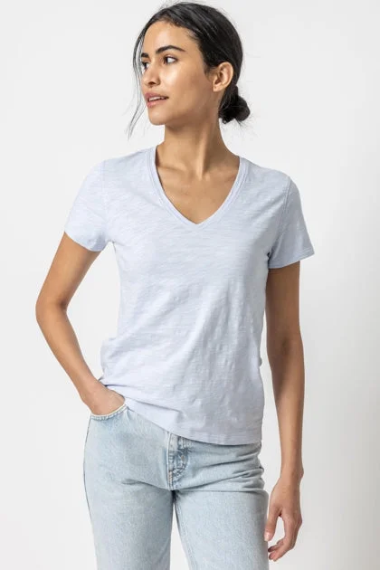 Short Sleeve V-Neck Back Seam Tee Cotton Fabric Linen Fabric Terry Fabric