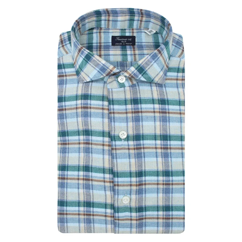 Slim Milano green and light blue checked cotton shirt Mesh Canvas Denim