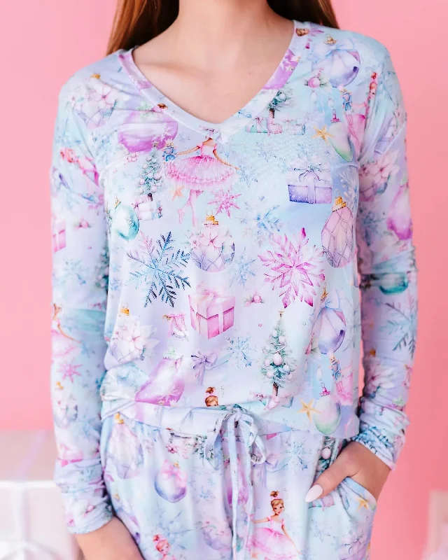 Sugar Plum Dreams Women's Long Sleeve V-Neck Shirt Mesh Fabric Canvas Fabric Denim Fabric