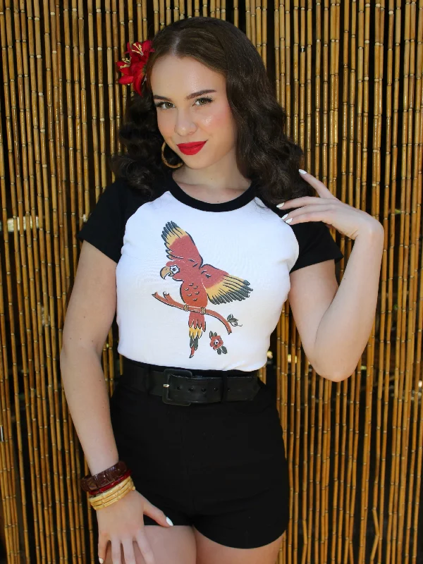 The Parrot Short Raglan Cropped Baby tee in White/Black Print Jacquard Patchwork