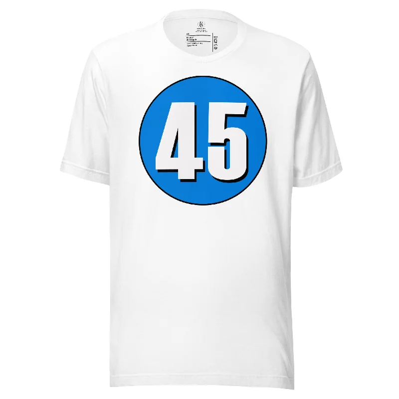 Unisex t-shirt: White on Blue 45 Solid Print Embellished