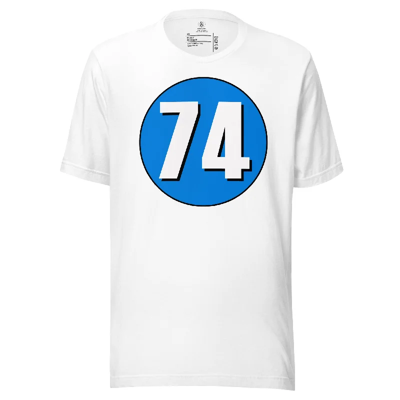 Unisex t-shirt: White on Blue 74 Basic T-Shirt Crew Neck Short Sleeve