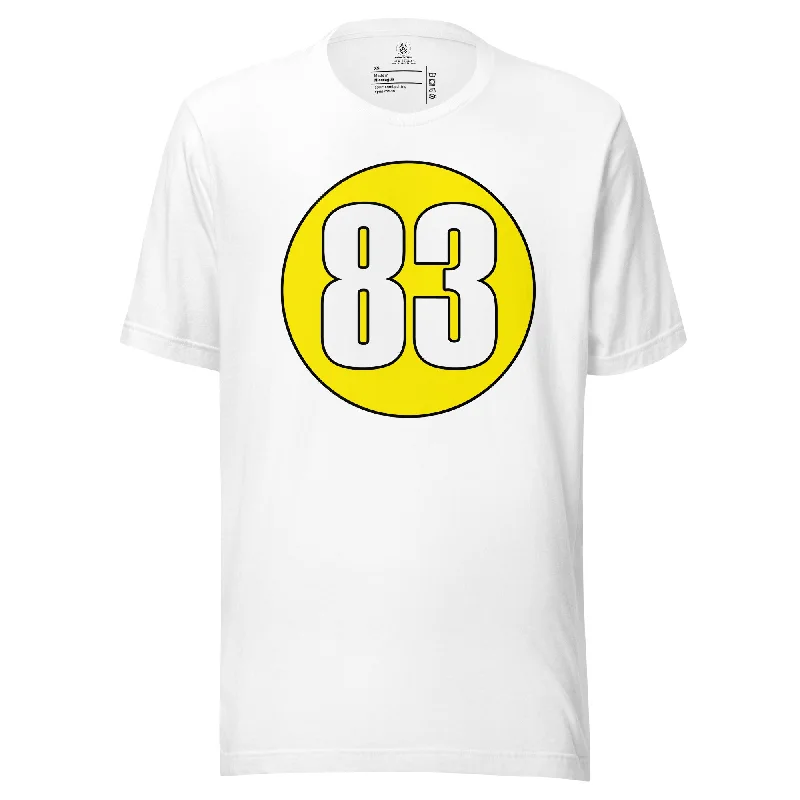 Unisex t-shirt: White on Yellow 83 Notch Collar Peter Pan Collar Cowl Neck