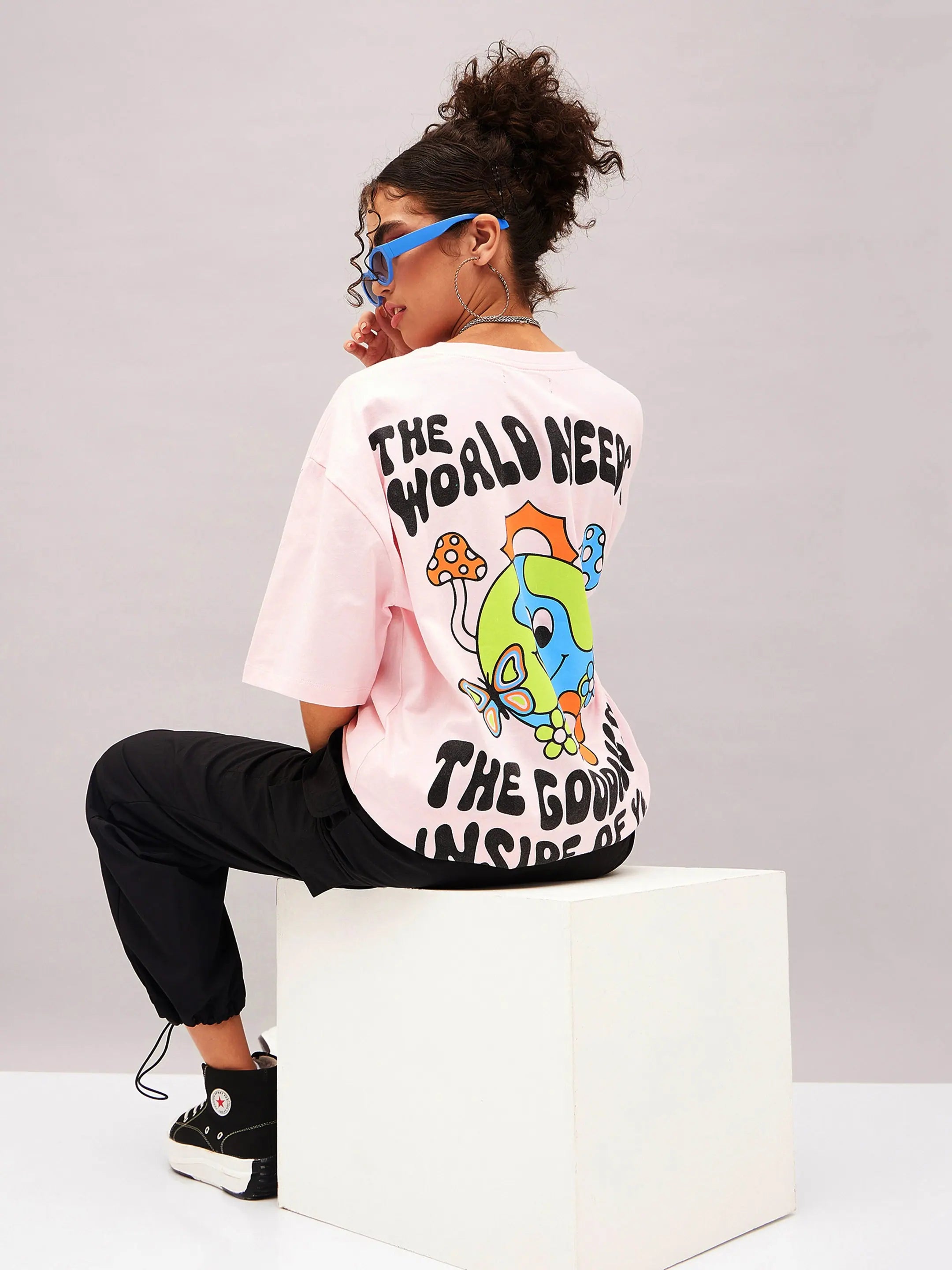 Women Pastel Pink The World Needs Oversized T-Shirt Polka Dot Checkered Tartan