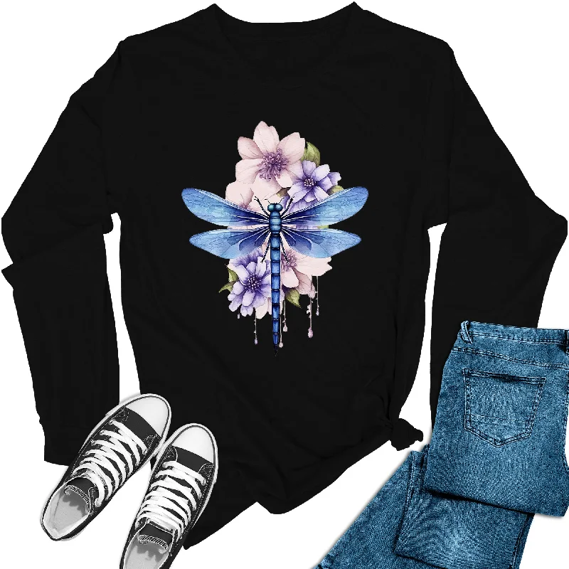 Women's Dragonfly Flowers Long Sleeve Graphic Tees Cozy Warm Stylish