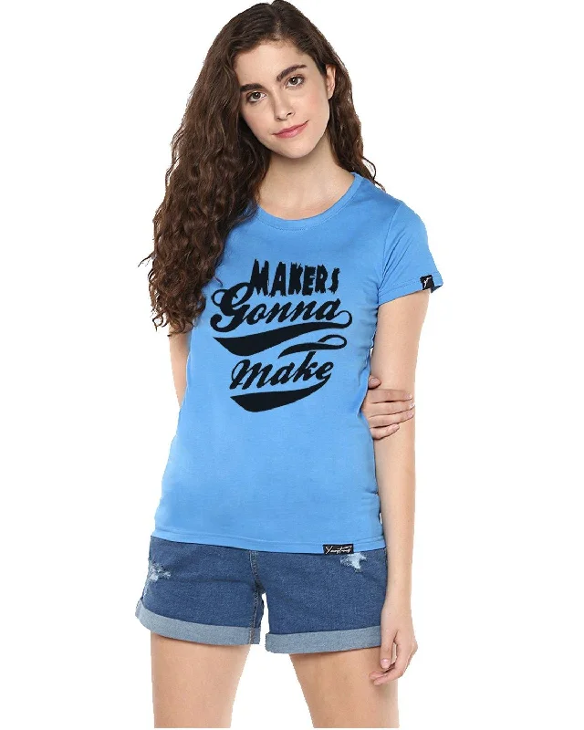 Womens Half Sleeve Maker Printed Blue Color Tshirts Houndstooth Herringbone Solid