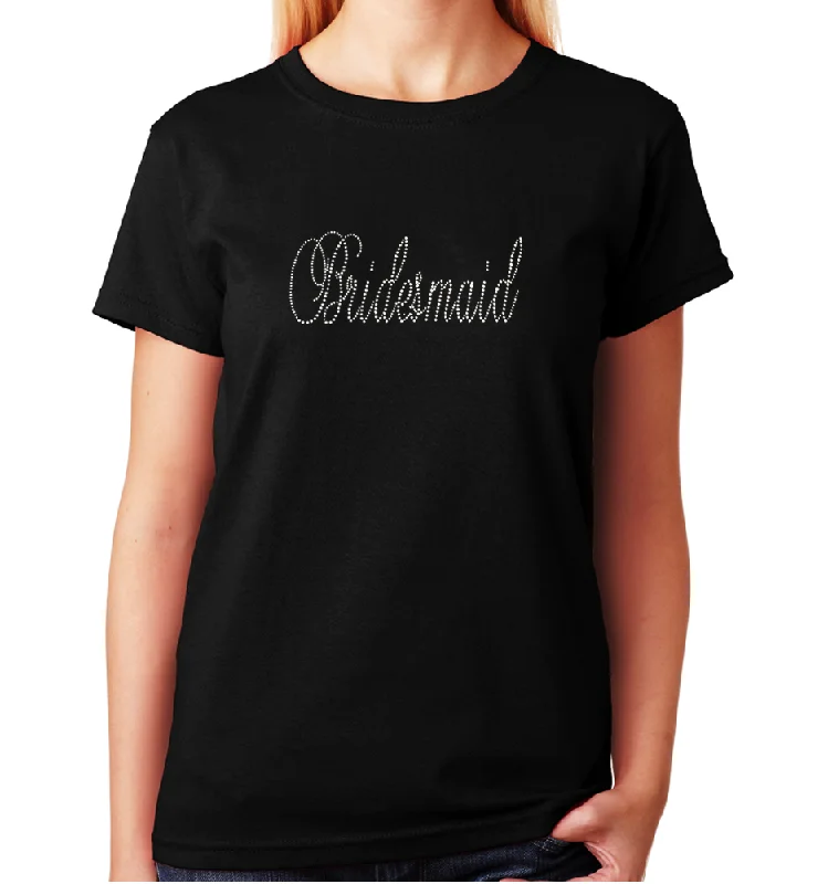 Women's / Unisex T-Shirt with Crystal Script Bridesmaid in Rhinestones Polka Dot Checkered Tartan Women's / Unisex T-Shirt with Crystal Script Bridesmaid in Rhinestones Polka Dot Checkered Tartan