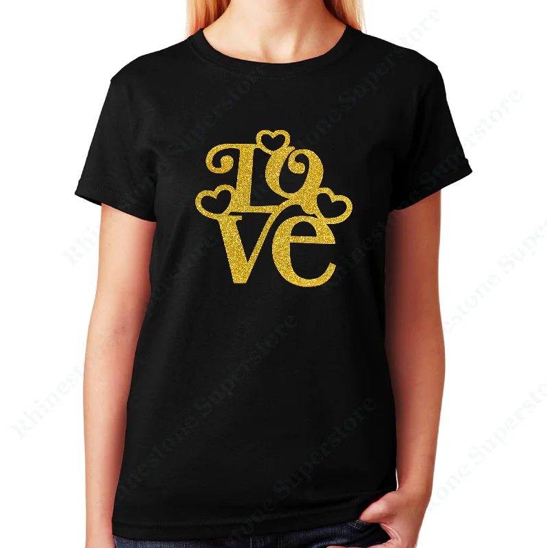Women's / Unisex T-Shirt with Love with Hearts in Gold Glitters Denim Fabric Leather Fabric Suede Fabric Women's / Unisex T-Shirt with Love with Hearts in Gold Glitters Denim Fabric Leather Fabric Suede Fabric