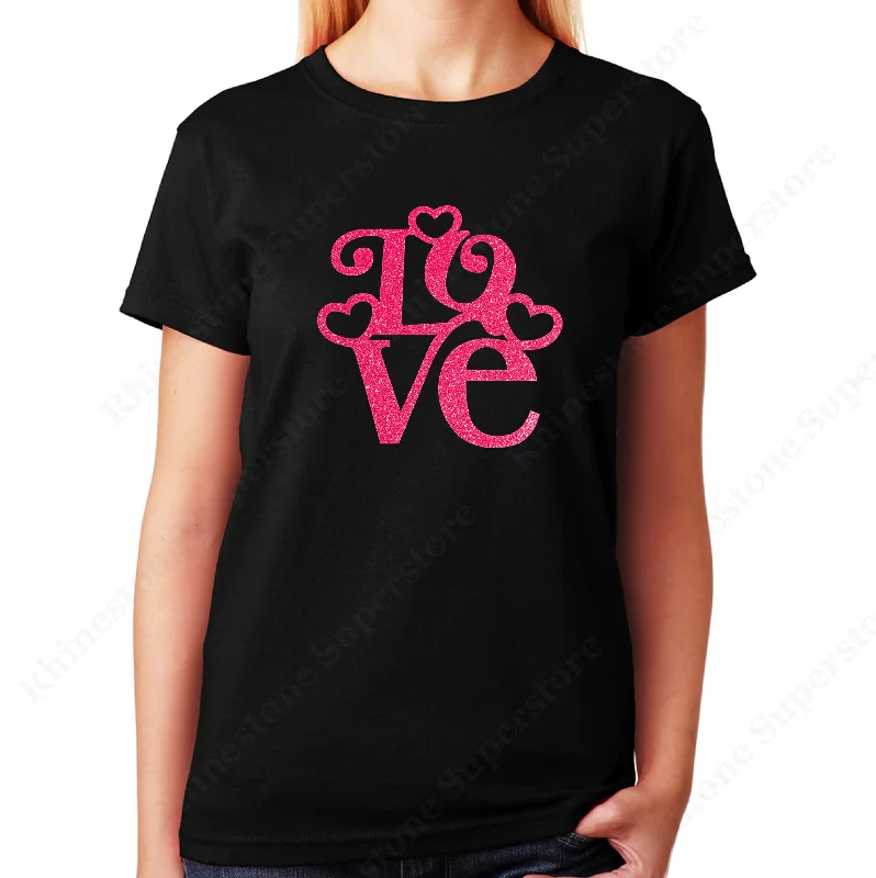 Women's / Unisex T-Shirt with Love with Hearts in Pink Glitters Mesh Blend Leather Blend Suede Blend Women's / Unisex T-Shirt with Love with Hearts in Pink Glitters Mesh Blend Leather Blend Suede Blend