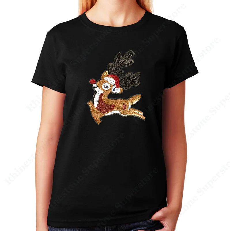 Women's / Unisex T-Shirt with Rudolph The Red Nose Reindeer in Sequence Print Jacquard Patchwork Women's / Unisex T-Shirt with Rudolph The Red Nose Reindeer in Sequence Print Jacquard Patchwork