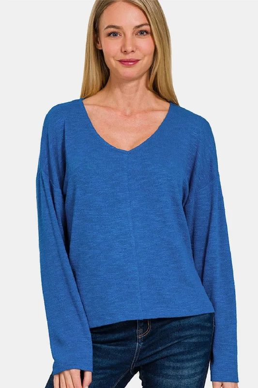 Zenana Dropped Shoulder Long Sleeve T-Shirt Real Fur Shearling Chenille