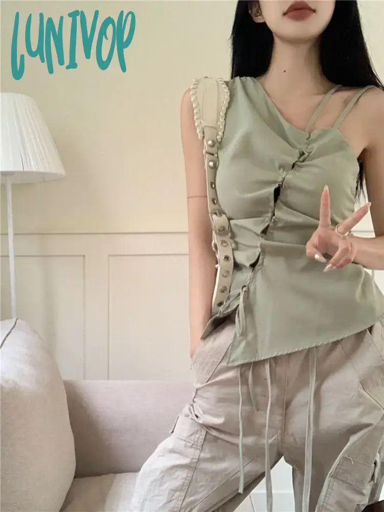 Lunivop 2024 Summer New Green Vest for Women Fashion Sexy Slim Fit Drawstring Tank Top Y2k Grunge Hollow Out Skew Collar Camisole sleep tank top Lunivop 2024 Summer New Green Vest for Women Fashion Sexy Slim Fit Drawstring Tank Top Y2k Grunge Hollow Out Skew Collar Camisole sleep tank top