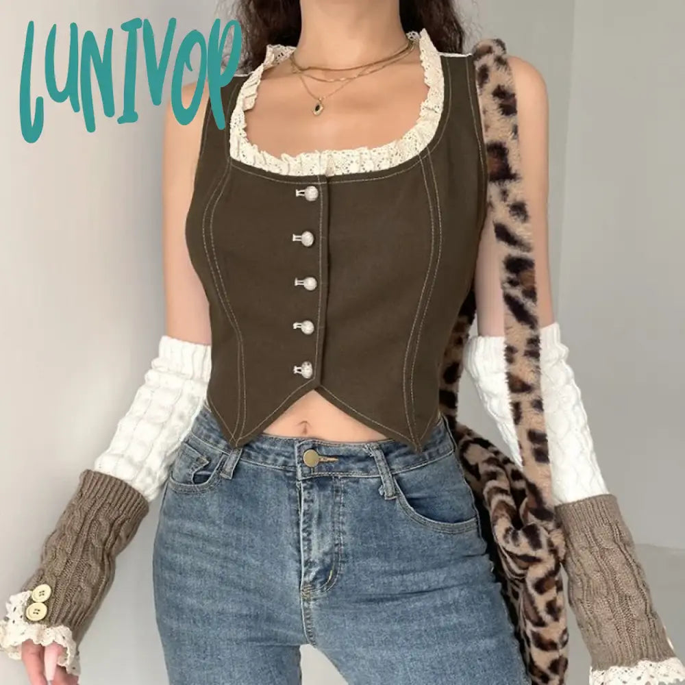 Lunivop American Retro Lace Patchwork Tank Top 2024 Summer New All-match Vest for Women Y2k Grunge Sleeveless Single Breasted Tops sage tank top Lunivop American Retro Lace Patchwork Tank Top 2024 Summer New All-match Vest for Women Y2k Grunge Sleeveless Single Breasted Tops sage tank top