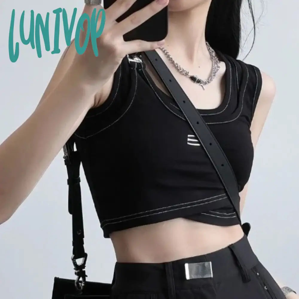 Lunivop American Street Fake Two Piece Camisole Vest 2024 Summer New Sleeveless Tops Women Y2k E-Girl Sexy Slim Fit Black Tank Top cozy tank top Lunivop American Street Fake Two Piece Camisole Vest 2024 Summer New Sleeveless Tops Women Y2k E-Girl Sexy Slim Fit Black Tank Top cozy tank top