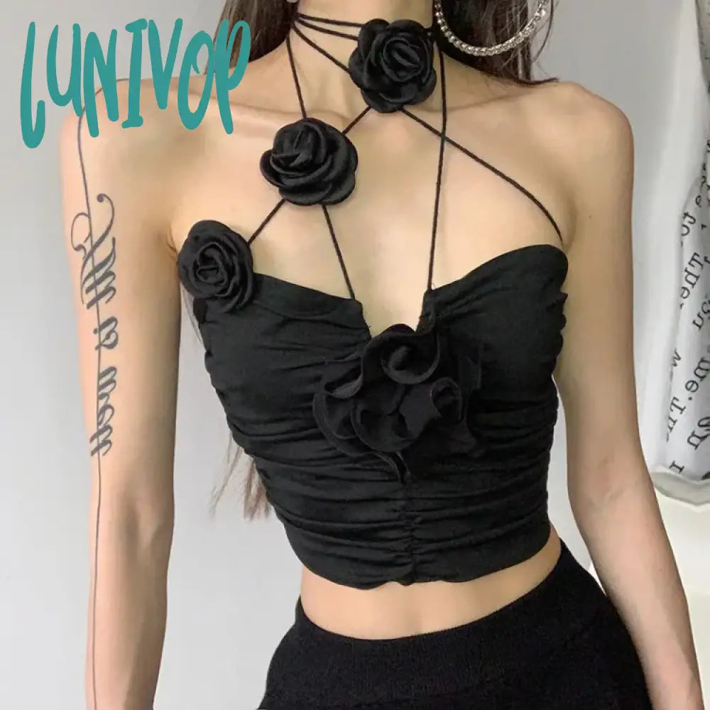 Lunivop Elegant Vintage Sexy Black Rose Halter Camisole Tops All-match Hollow Out Tank Top 2024 Summer New Slim Fit Vest for Women neon tank top Lunivop Elegant Vintage Sexy Black Rose Halter Camisole Tops All-match Hollow Out Tank Top 2024 Summer New Slim Fit Vest for Women neon tank top