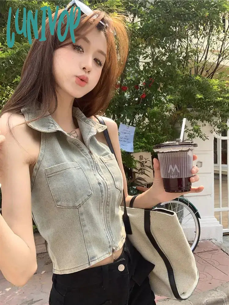 Lunivop Fashion Lapel Neck Backless Denim Vest for Women Y2k E-Girl Slim Fit Zipper Tank Top 2024 Summer New Halter Camisole Tops black tank top Lunivop Fashion Lapel Neck Backless Denim Vest for Women Y2k E-Girl Slim Fit Zipper Tank Top 2024 Summer New Halter Camisole Tops black tank top