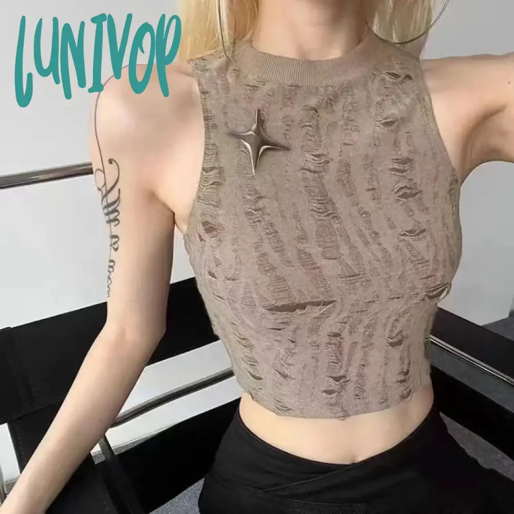 Lunivop Fashion Vintage Hole Slim Fit Vest for Women Y2k E-Girl O-neck Sleeveless Tops Mujer 2024 Summer New Gray Knitted Tank Top grey tank top Lunivop Fashion Vintage Hole Slim Fit Vest for Women Y2k E-Girl O-neck Sleeveless Tops Mujer 2024 Summer New Gray Knitted Tank Top grey tank top