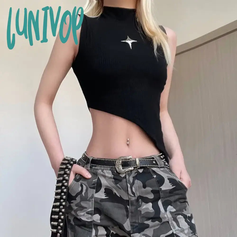 Lunivop High Street Metal Star Turtleneck Black Vest for Women Sexy Irregular Slim Fit Tank Top Y2k E-Girl Sleeveless Tops Mujer fitness tank top Lunivop High Street Metal Star Turtleneck Black Vest for Women Sexy Irregular Slim Fit Tank Top Y2k E-Girl Sleeveless Tops Mujer fitness tank top