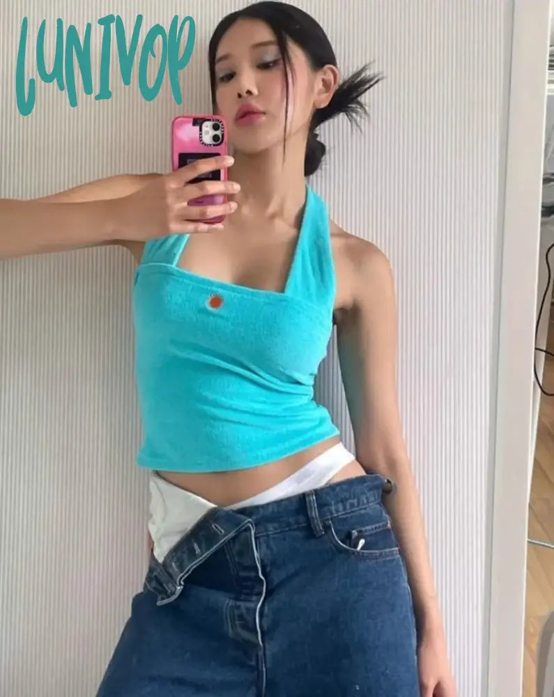 Lunivop Simple Sweet Embroidery Cotton Tank Top Y2k E-Girl Sexy Slim Fit Halter Camisole Tops 2024 Summer New Blue Vest for Women peekaboo tank top Lunivop Simple Sweet Embroidery Cotton Tank Top Y2k E-Girl Sexy Slim Fit Halter Camisole Tops 2024 Summer New Blue Vest for Women peekaboo tank top