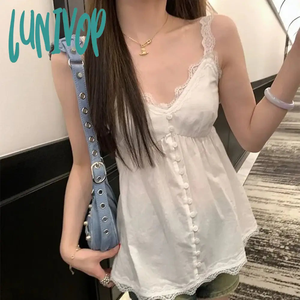 Lunivop Sweet Fashion V-neck Lace White Camisole Tops Mujer 2024 Summer New Vest for Women Y2k E-Girl Sleeveless Loose Tank Top boho tank top Lunivop Sweet Fashion V-neck Lace White Camisole Tops Mujer 2024 Summer New Vest for Women Y2k E-Girl Sleeveless Loose Tank Top boho tank top