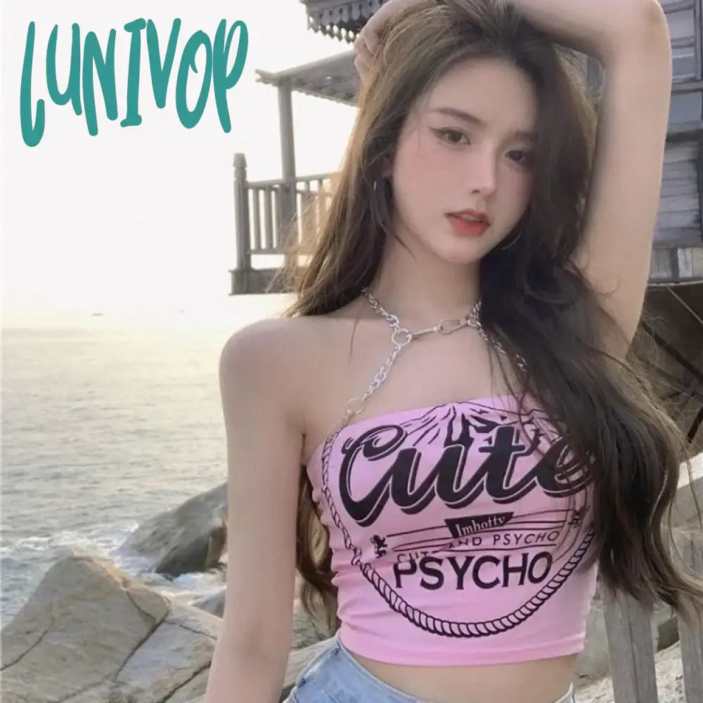 Lunivop Sweet Pink Letter Print Camisole Vest for Women Summer Sexy Off Shoulder Tank Top Y2k E-Girl Bottoming Strapless Tops Female print tank top