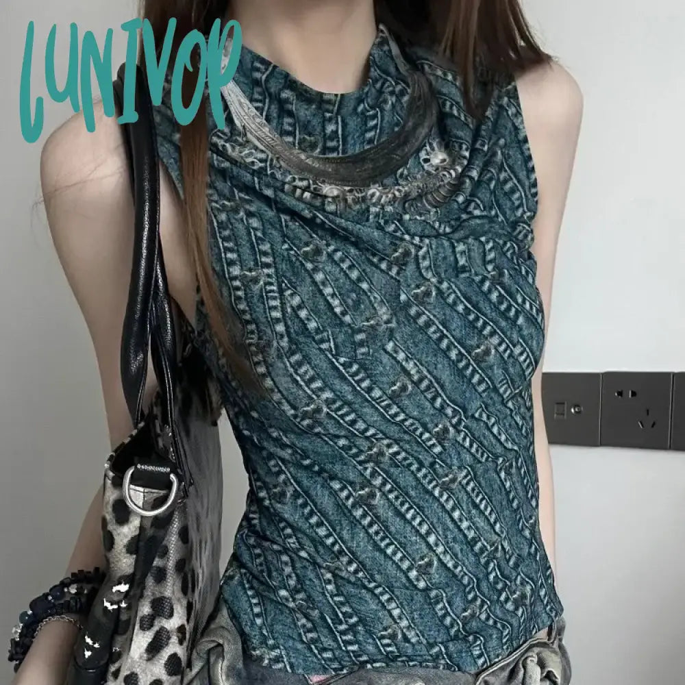 Lunivop Vintage Blue Denim Print Pile Collar Tank Top 2024 Summer New Vest for Women Y2k E-Girl Mesh Slim Fit Sleeveless Tops Mujer fashionable tank top Lunivop Vintage Blue Denim Print Pile Collar Tank Top 2024 Summer New Vest for Women Y2k E-Girl Mesh Slim Fit Sleeveless Tops Mujer fashionable tank top