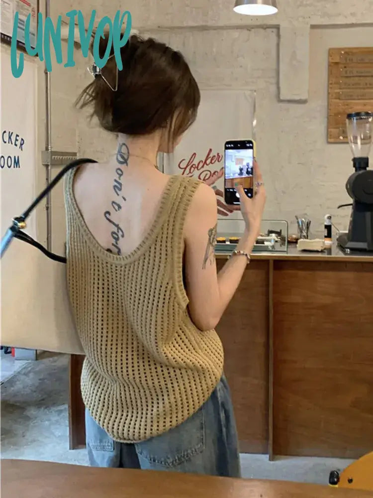 Lunivop Vintage Knitted Tank Tops Women Harajuku Solid Hollow Out Vest Korean Fashion Loose Casual Sleeveless Tops High Street cozy tank top Lunivop Vintage Knitted Tank Tops Women Harajuku Solid Hollow Out Vest Korean Fashion Loose Casual Sleeveless Tops High Street cozy tank top