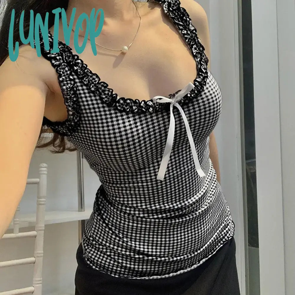 Lunivop Vintage Y2K Aesthetic Plaid Top Vest Sleeveless Ruffles Bow Cutecore Summer Tank Top Women 2000s Aesthetic Ruched New yoga tank top Lunivop Vintage Y2K Aesthetic Plaid Top Vest Sleeveless Ruffles Bow Cutecore Summer Tank Top Women 2000s Aesthetic Ruched New yoga tank top