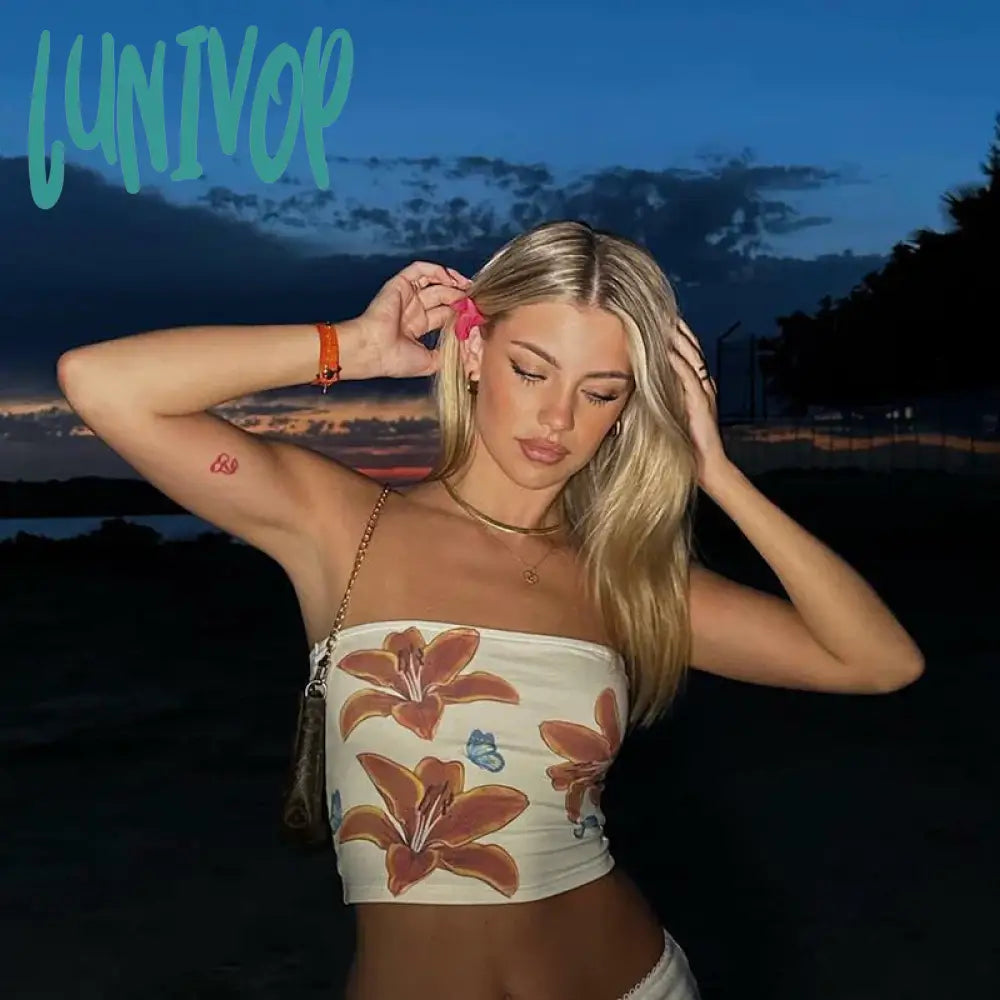 Lunivop Y2K Aesthetic Women Floral Bow Print Tube Top Fairy Grunge Sleeveless Off Shoulder Wrap Chest Tank Top Mini Chic Vest Streetwear cutout tank top