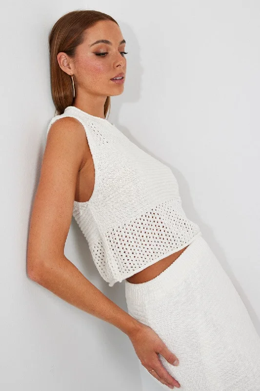 White Crochet Knit Tank Top lounge tank top