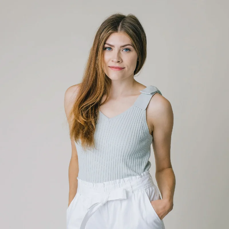 V-Neck Rib Knit Tank with Bow fashionable tank top