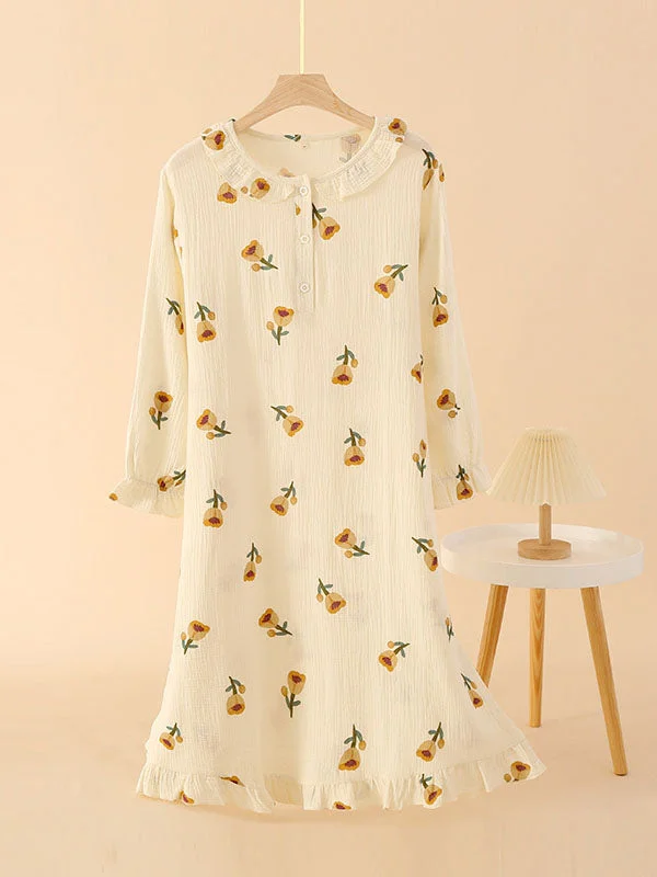Crepe Doll Collar Ruffled Print Nightdress Tunics Practical durable